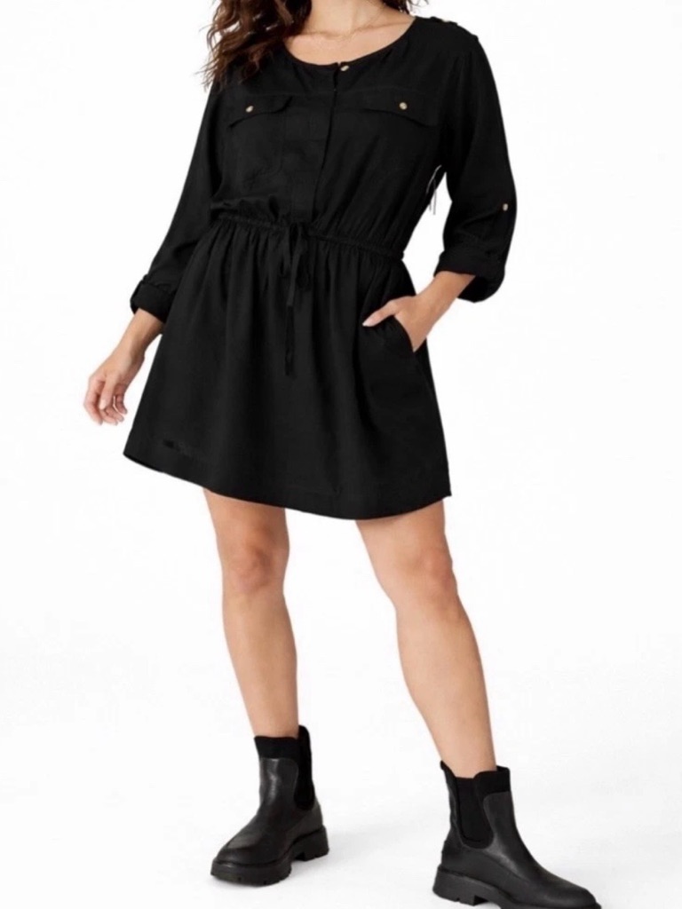 Nwt Lucky Brand Black Relaxed Surplus Shirt Dress Roll Tab Sleeve M